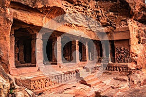 Badami cave no one chalukya dynasty ancient stone art from flat angle