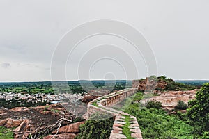 Badami ruined fort at top of the hill with beautiful pathway.