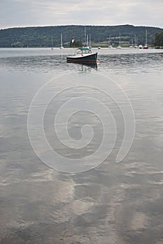 Baddeck, Nova Scotia, Canada: Small boats anchored in Bras dÃ¢â¬â¢Or Lake on Cape Breton Island