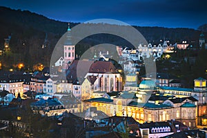 Baden Baden citycenter with church in the evening. Famous SPA town in Baden-WÃ¼rttemberg