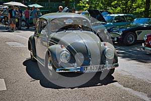 BADEN BADEN, GERMANY - JULY 2022: grey gray VW VOLKSWAGEN BEETLE TYPE 1, oldtimer meeting in Kurpark