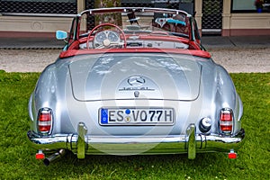 BADEN BADEN, GERMANY - JULY 2019: silver gray MERCEDES-BENZ 190 SL roadster cabrio 1955 1963, oldtimer meeting in Kurpark