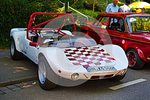 BADEN BADEN, GERMANY - JULY 2022: white red Maserati Type 61 1959, oldtimer meeting in Kurpark