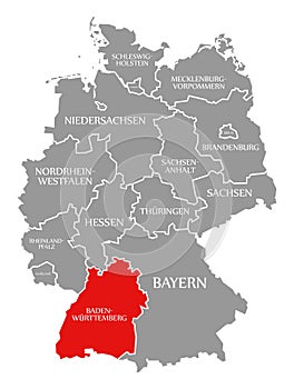 Baden Wuerttemberg red highlighted in map of Germany