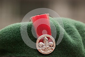 Badge on beret of scout