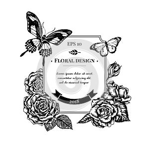 Badge design with black and white plain tiger, papilio torquatus, roses