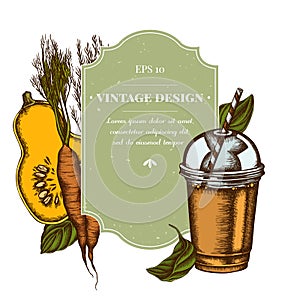 Badge design with colored carrot, basil, pumpkin, smoothie cup