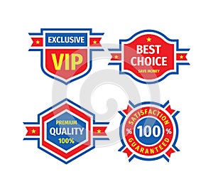 Badge design set. Business logo collection. Exclusive VIP. Best choice, save money. 100% premiun quality. Satisfaction guaranteed