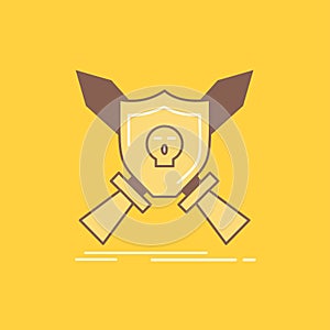 Badge, emblem, game, shield, swords Flat Line Filled Icon. Beautiful Logo button over yellow background for UI and UX, website or