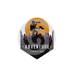 Badge emblem Man on the peak Nature outdoor adventure logo vector illustration