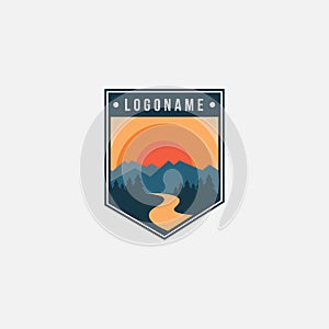 Badge emblem seal mountain and river landscape adventure logo icon vector template