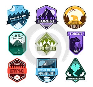Badge for forest camping, exploration camp, tourism extreme sport club. Wild travel sticker.