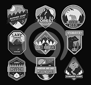 Badge for forest camping, exploration camp, tourism extreme sport club. Wild travel sticker.