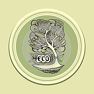 Badge or icon with Zen-tangle tree green olive