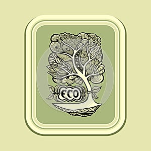 Badge or icon with Zen-tangle tree in green olive