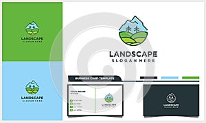 Badge landscape with mountain and tree logo and business card template