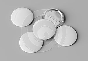 Badge mockup isolated on grey. 3d rendering template of five pins buttons with reflections and shadows