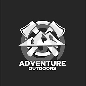 Badge outdoors black logo mountain with cross axe adventure vector template illustration design