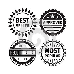 Badge set - best seller, approved, best choice recommended, most popular. Concept business logo emblem sticker collection. Monochr