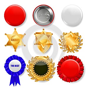 Badge Set Vector. Plastic And Golden Empty Button. Sale Symbol. Best Quality Product Emblem. Hexagonal. Sheriff, Pin