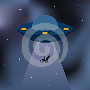 badge, sticker, illustration with flying saucer, UFO and kidnapping human on gradient background with stars