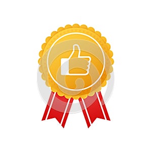 Badge with thumbs up on whine background. Vector illustration.