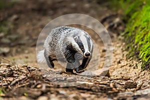 Badger in forest, animal in nature habitat, Germany, Europe. Wild Badger, Meles meles, animal in the wood. Mammal in environment,