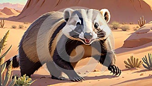 Badger omnivore Mustelidae approaching desert sand