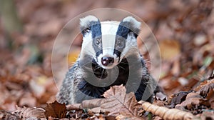 A badger is sitting in a pile of leaves with his nose poking out, AI