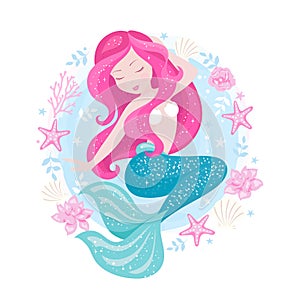 Badges. Beautiful mermaid for t shirts or kids fashion artworks, children books. Fashion illustration drawing in modern style. photo