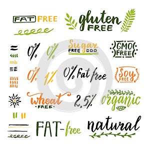 Badges and labels for homemade natural products. Gmo, gluten, fat, wheat and sugar free handwritten texts. Vector design