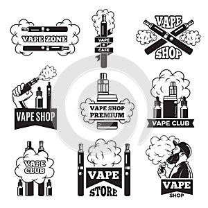 Badges and labels with illustrations of vapor from electric cigarette. Pictures for vaping club or shop