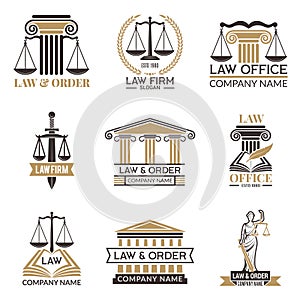 Badges of law and legal. Hammer of judge, legal code black illustrations of labels for jurisprudence. Legal notes vector