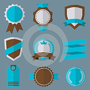 Badges, Stickers, Labels, Shields and Ribbons set. Flat style. Vector vintage illustration.