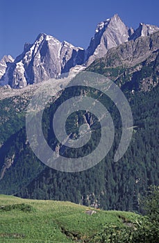 The Badile and Cengalo alpine peaks seen from Soglio, Switzerland