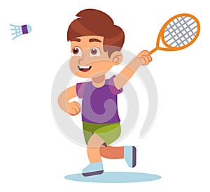 Badminton. Boy with racket and shuttlecock play game outdoors, happy preschool athlete, sport activity in school or