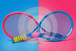Badminton concept.Racket and shuttlecock.Badminton racket and colorful shuttlecock with colorful cap