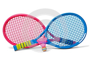 Badminton concept. Racket and shuttlecock. Badminton racket and colorful shuttlecock with red cap on white background