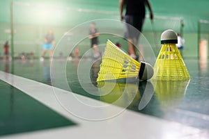 Badminton courts with players  competing