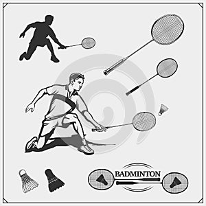 Badminton emblems, symbols, labels, design elements and silhouette of player.