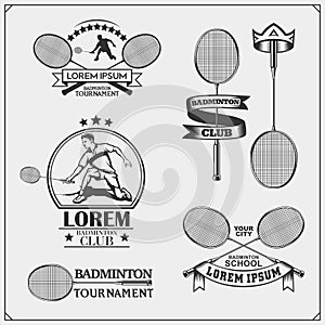 Badminton emblems, symbols, labels, design elements and silhouette of player.