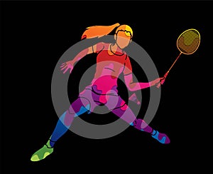 Badminton female player action with racket and shuttlecock cartoon graphic