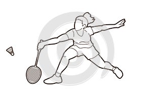 Badminton female player action with racket and shuttlecock cartoon graphic