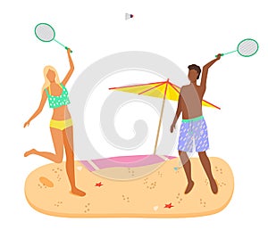 Badminton Game on Beach Man and Woman in Swimsuits