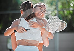 Badminton, happy and sports friends hug together for bond, love and care with smile on game break. Exercise, workout and