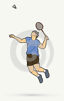 Badminton male player action with racket and shuttlecock cartoon graphic