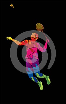 Badminton male player action with racket and shuttlecock cartoon graphic