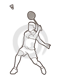 Badminton male player action with racket and shuttlecock cartoon graphic