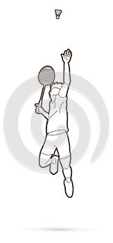 Badminton male player action with racket and shuttlecock cartoon graphic