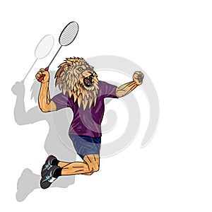 Badminton player, lion in human body, jumping to smash badminyon